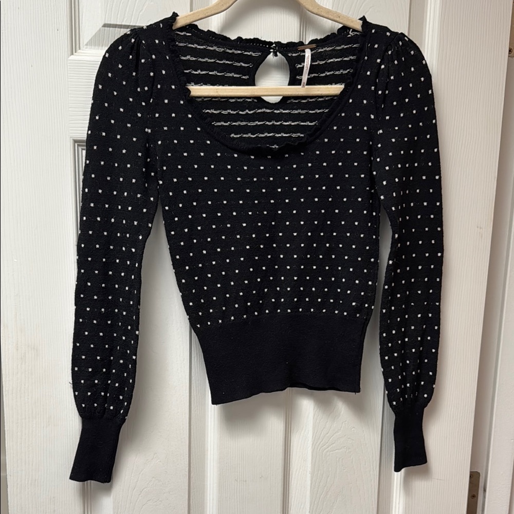 Free People Black and White Polka Dot Crew Neck Sweater